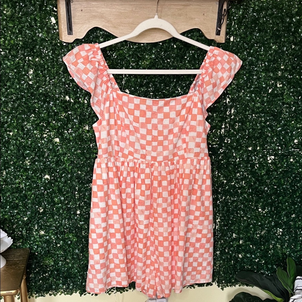 American Eagle Peach and White Checkered Romper